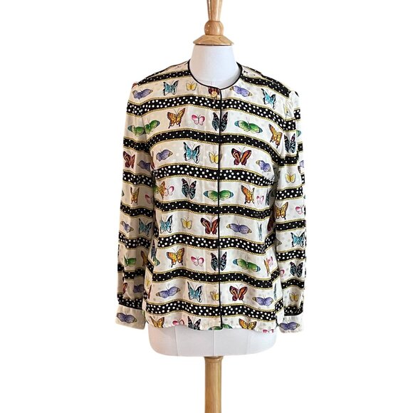 Maggy London Silk Polka Dot Butterfly Print Long Sleeve Button Down Blouse, 6 - Picture 1 of 15